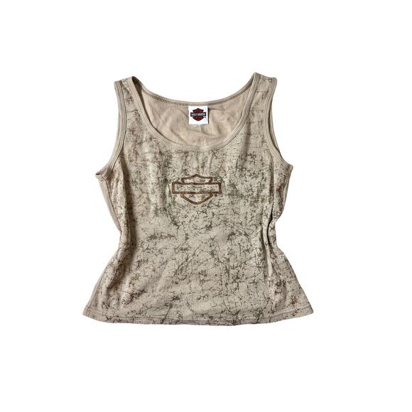 Vintage Harley Davidson NYC 2005 beige tank with text on back and shimmer size m - Picture 2 of 6